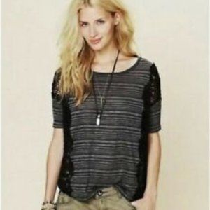 Free People We The Free Battenburg Striped Crochet Side Detail Short Sleeve Tee